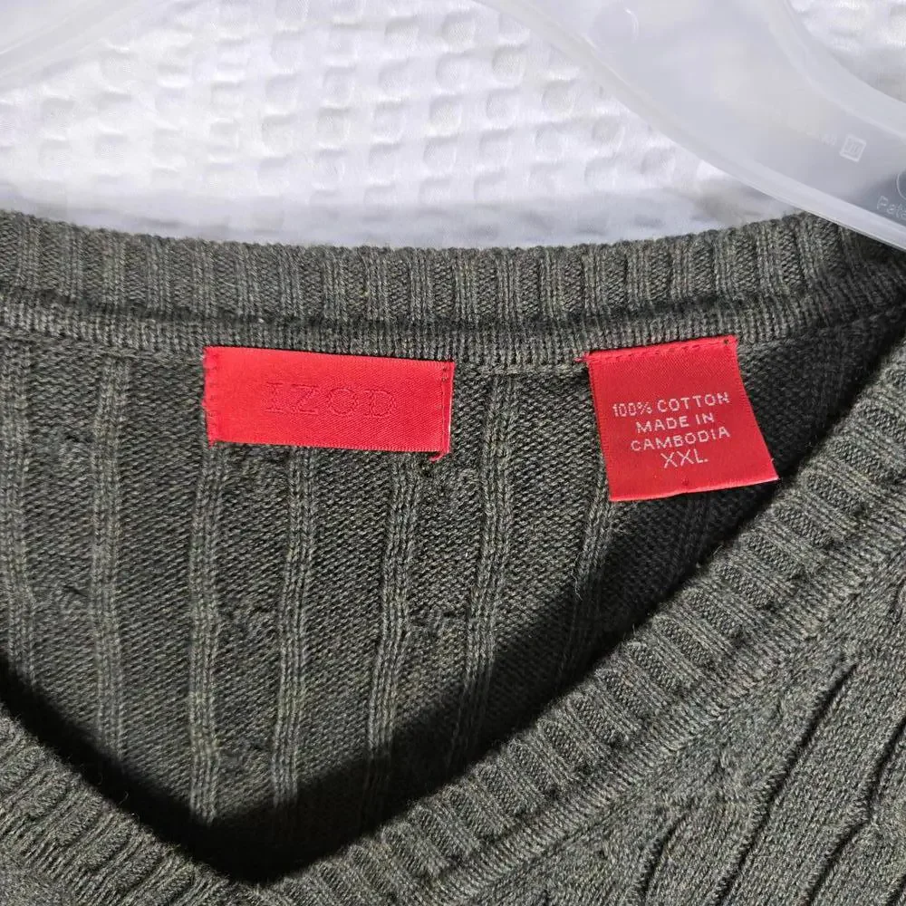 IZOD Men's XXL V-Neck Sweater 100% Cotton Olive Green Ribbed Cable Knit